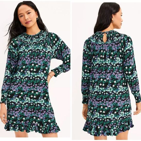 LOFT NWOT Floral Smocked Mini Dress Green Purple Long Sleeve‎ Ruffle Hem Medium - Picture 1 of 10